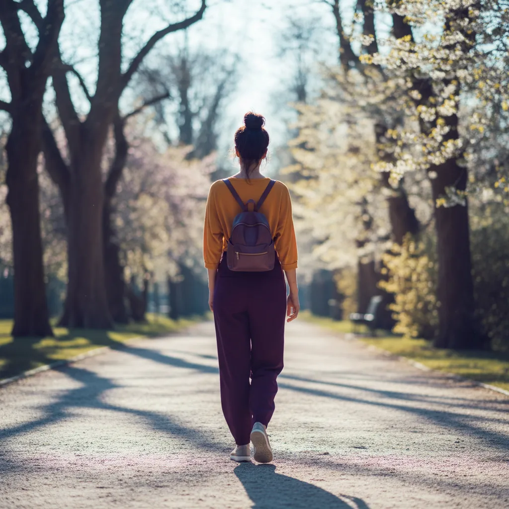 A woman's silhouette walking along a sunlit park path, representing an active lifestyle and everyday movement